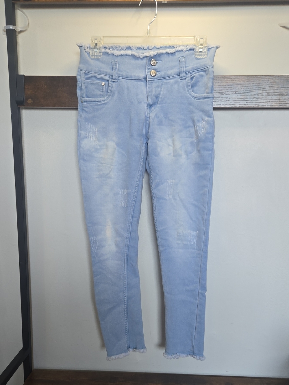 High-Rise Light Blue Frayed Waist Skinny Jeans - Women's